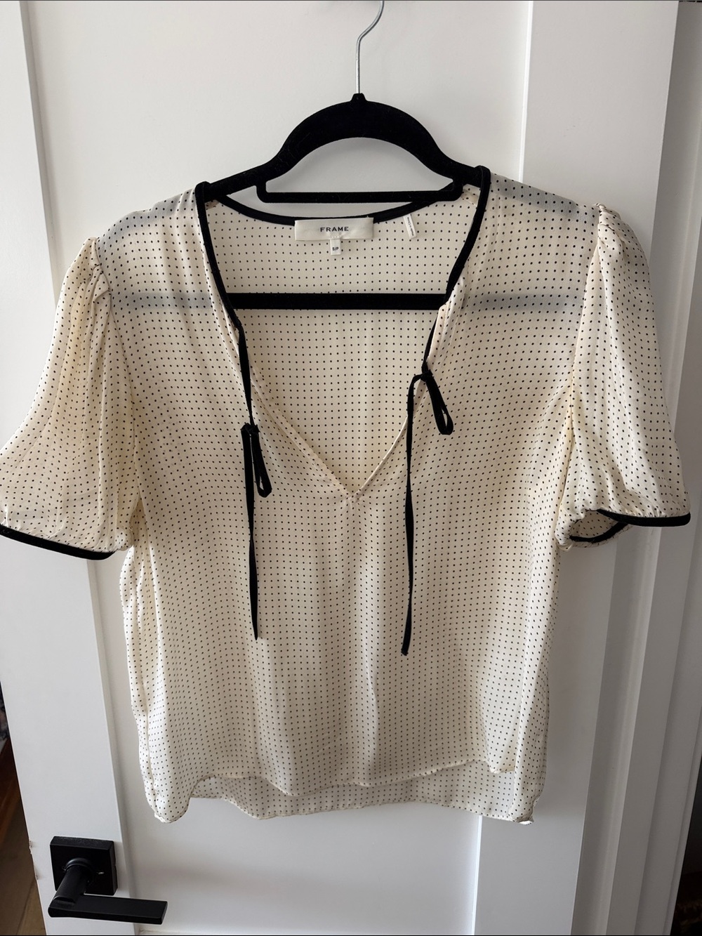 Frame Denim Cream Polka Dot Tie-Neck Blouse with Black Trim